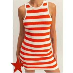 NEW Double Zero Tomato and Cream Striped Sleeveless Bodycon Knit Mini Dress sz M